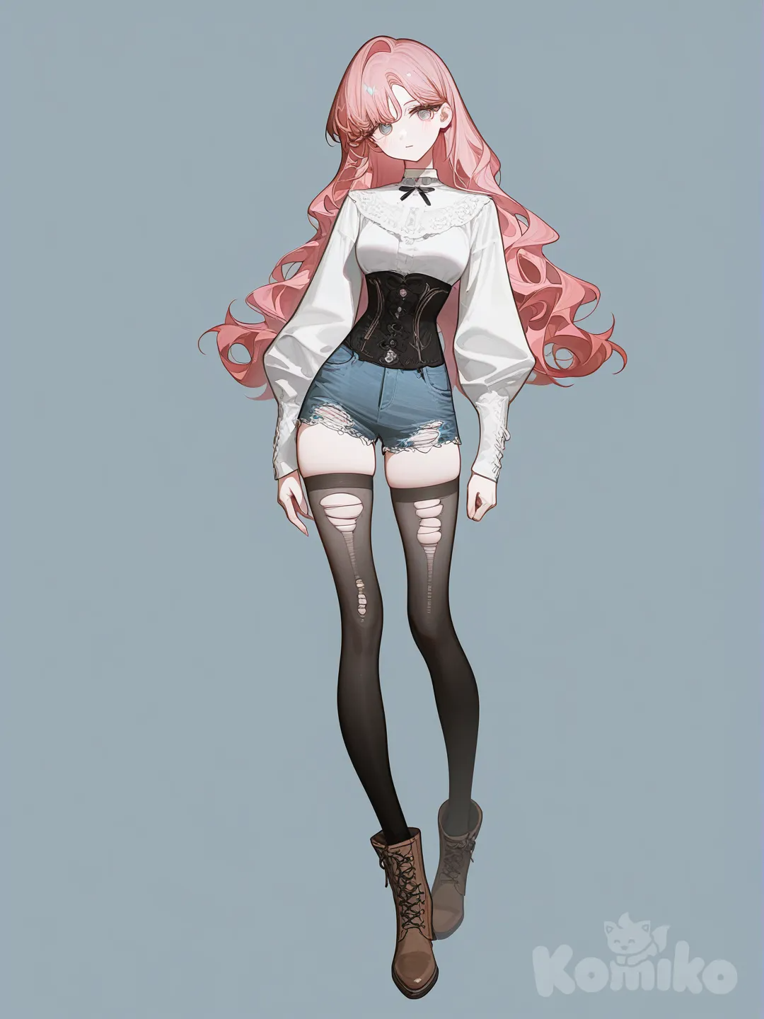 A girl with long pink wavy hair, round eyes, black lace corset, white shirt, black ripped stockings, denim shorts and brown boots., [high-contrast-glossy-style]