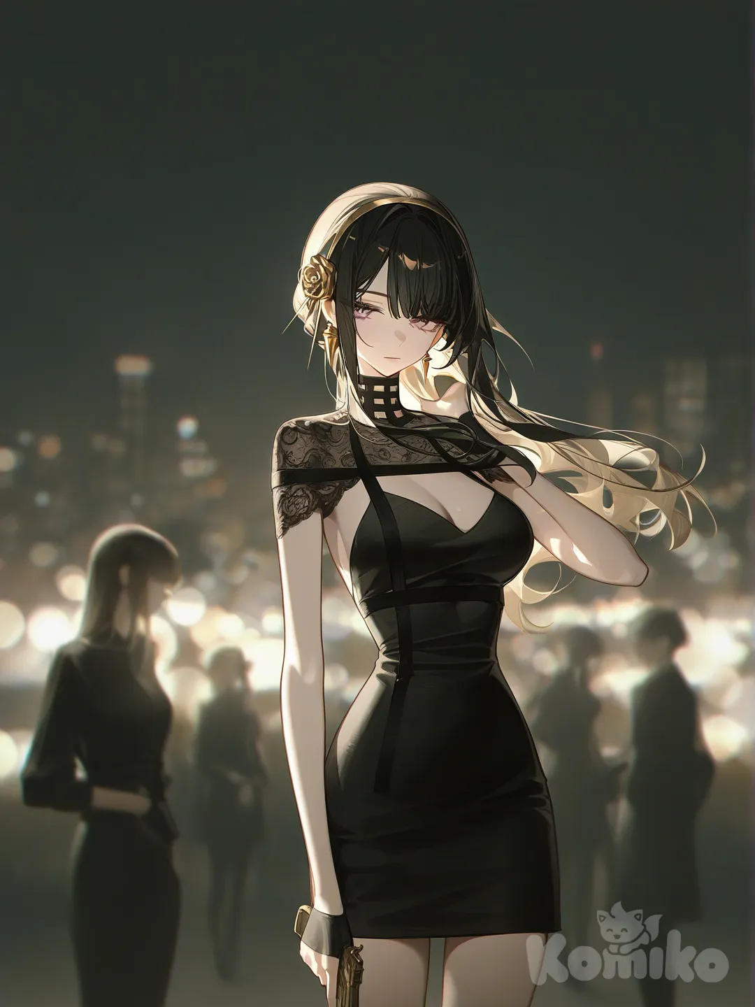 1girl, Azami, Raiden Shogun, Yor Briar, [high-contrast-glossy-style], holding gun, little black dress, lace, tassels, blurred background, city lights