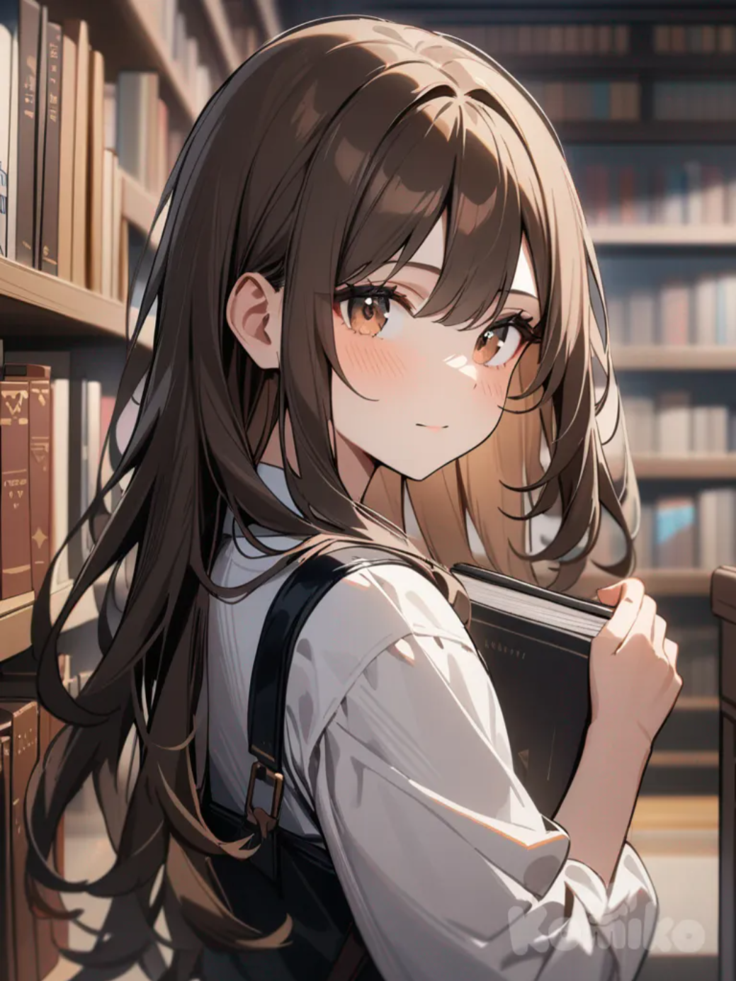1girl, dark brown hair, caramel highlights, brown eyes, library, holding book
