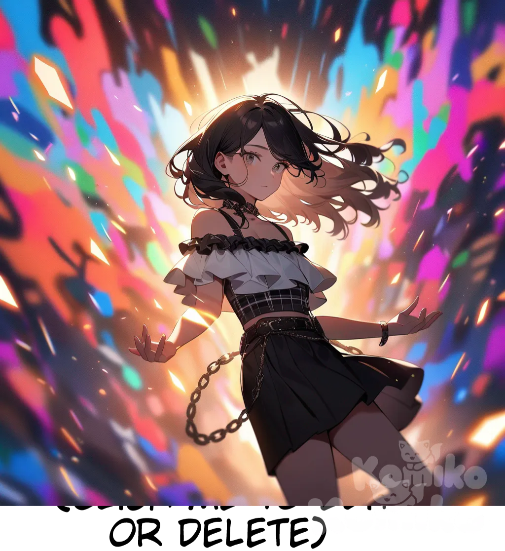 A captivating photograph depicts a confident 22-year-old woman, bathed in warm, diffused lighting, against a vibrant graffiti backdrop exploding with a kaleidoscope of thousands of colors. She wears a stylish off-the-shoulder black and white plaid crop top paired with a ruffled black miniskirt cinched with a delicate chain belt, her soft, wavy dark brown hair cascading around her shoulders, while her joyful expression is enhanced by flawless skin and bold crimson lipstick, evoking a modern gothic aesthetic. Delicate golden musical notes gracefully ascend from the floor, swirling around the elegantly rotating text "Luis Arcy", with a single golden note resting at her feet, creating a charming and surreal atmospher