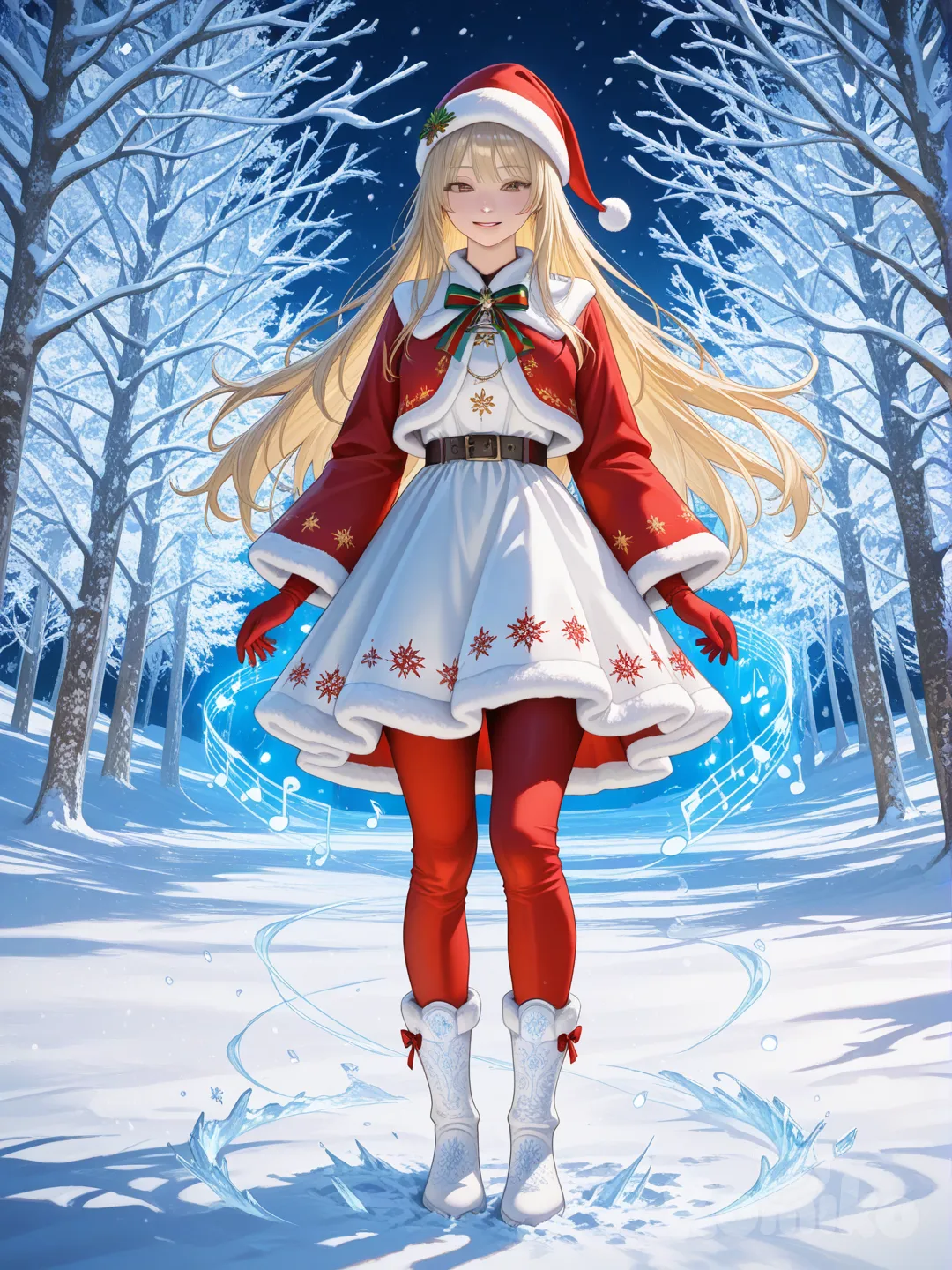 An ultra-photograph shows a full-length, athletic, beautiful, and slender 25-year-old woman with a realistic body. capturing a stunning woman stand with super-long, straight blonde hair Her brown eyes radiate confidence with a radiant smile embodying the spirit of Christmas. She dons a traditional red and white outfit adorned with shimmering details, a Santa hat, and snowflake-patterned boots. The background reveals a magical winter wonderland, with an enchanting ice tree glowing in the distance and blinking lights illuminating the snowy landscape. El fondo realza la silueta de la mujer. Su cabello luce liso y bien definido, con suaves notas musicales y el nombre "Luis Arcy" flotando suavemente alrededor de sus pies.. This masterful creation immerses viewers in an awe-inspiring, holiday-themed fantasy, brimming with enchantment and festive charm