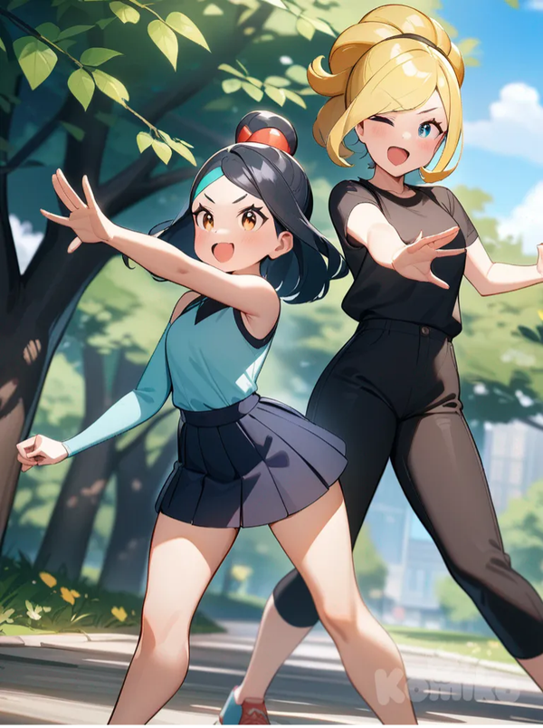 Cynthia (Pokemon), Rosa (Pokemon), 2girls, blonde hair, black hair, dual protagonist, dynamic pose, outdoors, pokemon team