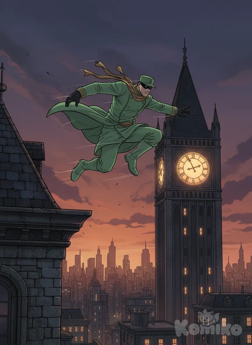 <qing-feng-oxXP> jumping from a rooftop toward a looming clock tower at dusk, captured in a dynamic mid-air pose with wind-swept clothing, dramatic cinematic lighting, subtle motion blur, and a moody city skyline.
