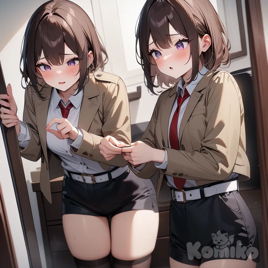 Cabello castaño rojizo, ojos violeta apagados, y una apariencia distintiva con camisa blanca, corbata roja, pantalones cortos negros, medias negras, cinturón blanco, chaqueta caqui y botas negras 