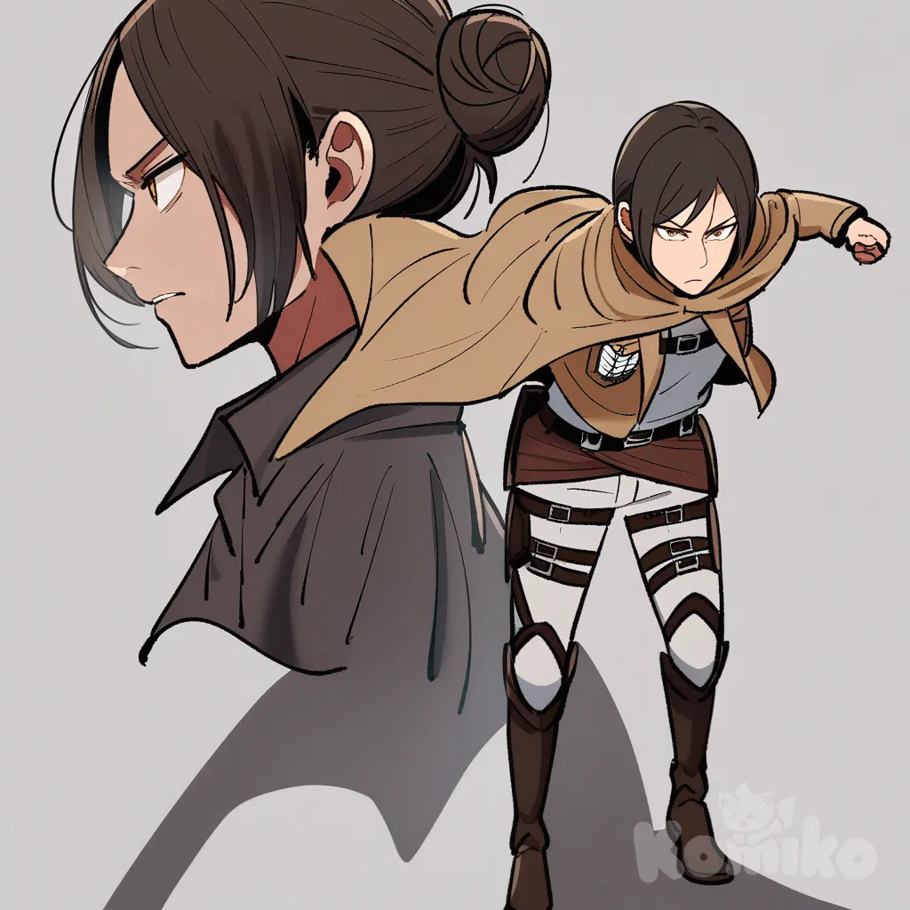Ymir (Shingeki No Kyojin), Shingeki No Kyojin, Attack on Titan, danbooru style, 1girl, brown hair, short hair, hair bun, brown eyes, military uniform, Survey Corps uniform, cloak, standing, full body, calm expression, determined look, dynamic pose, windblown hair, shading, high detail, crisp lineart, anime background, cinematic lighting