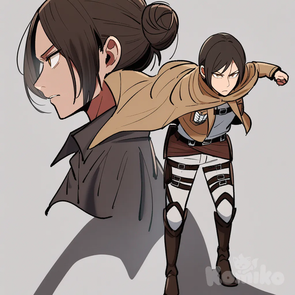 Ymir (Shingeki No Kyojin), Shingeki No Kyojin, Attack on Titan, danbooru style, 1girl, brown hair, short hair, hair bun, brown eyes, military uniform, Survey Corps uniform, cloak, standing, full body, calm expression, determined look, dynamic pose, windblown hair, shading, high detail, crisp lineart, anime background, cinematic lighting