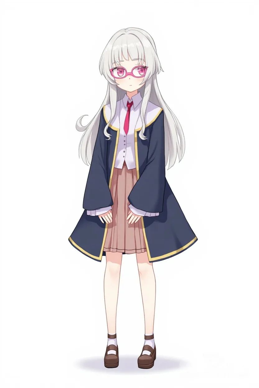 A single 15-year-old anime-style girl, 165 cm tall, standing straight with both hands clasped behind back, white straight hair reaching mid-back, neatly combed with thick bangs covering forehead, serious pouting face, no expression but radiating subtle cuteness, wearing thin pink elliptical glasses, pink eyes, slim build, small-to-medium chest, disciplined and upright posture reflecting strict family upbringing, full body shot, simple line art with slightly imperfect hand-drawn strokes, pastel warm color palette, no shading, no lighting effects, clean white background, one character, highly facial expression