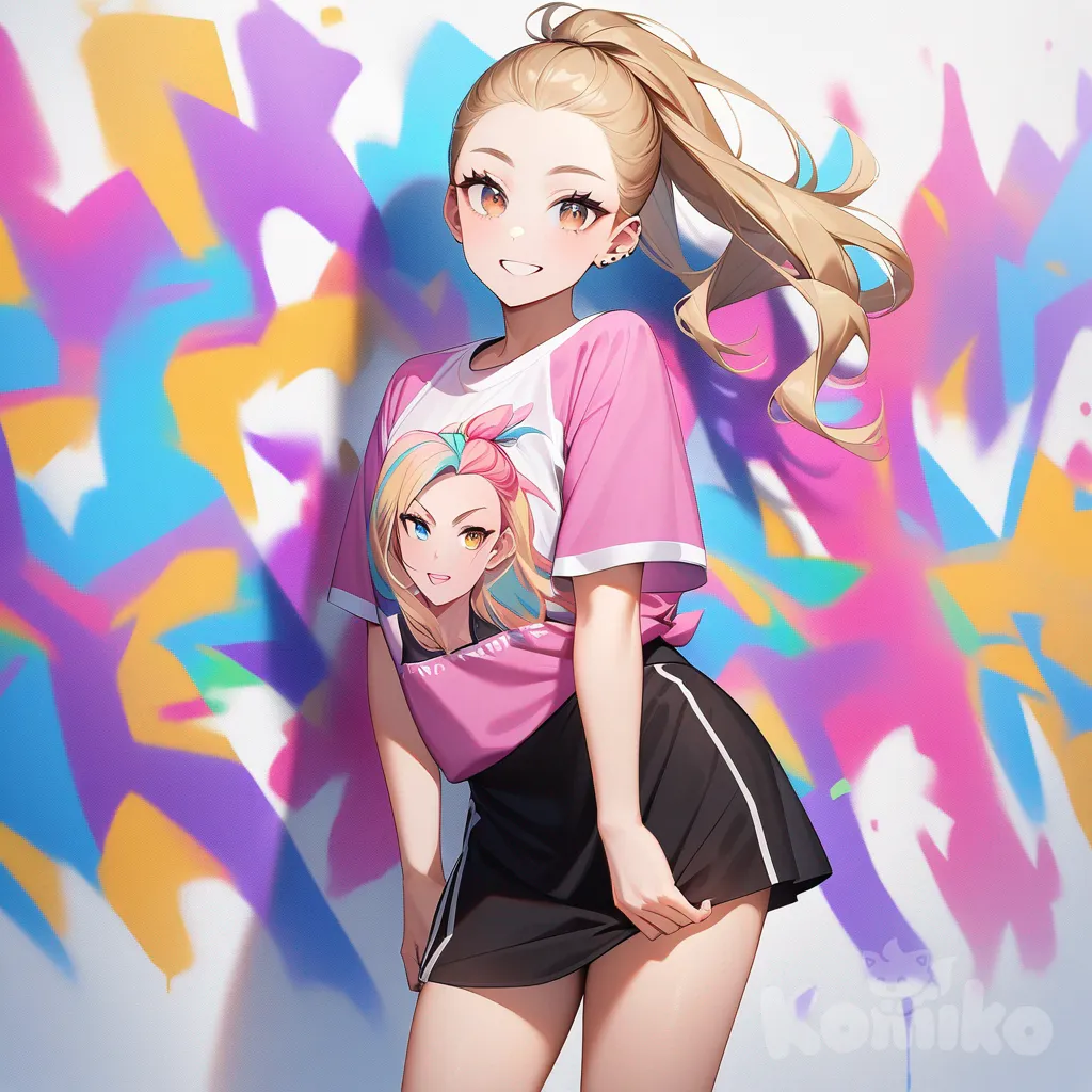 A full-length photograph shows a young, athletic woman with long, vibrant blonde hair tied back in pigtails. Her brown eyes radiate confidence with a radiant smile, dressed in a black miniskirt and a pink blouse; her piercing blue eyes and long, lustrous hair immediately draw attention. Against a backdrop of pristine white walls adorned with colorful graffiti reading "Luis Arcy," a vibrant rainbow-colored treble clef lies at her feet, lending a whimsical charm. Soft, warm lighting bathes the scene, casting subtle reflections on her features and the graffiti, enhancing the modern, sleek atmosphere of the photograph. The walls are lightly textured, giving the graffiti a three-dimensional vibrancy.