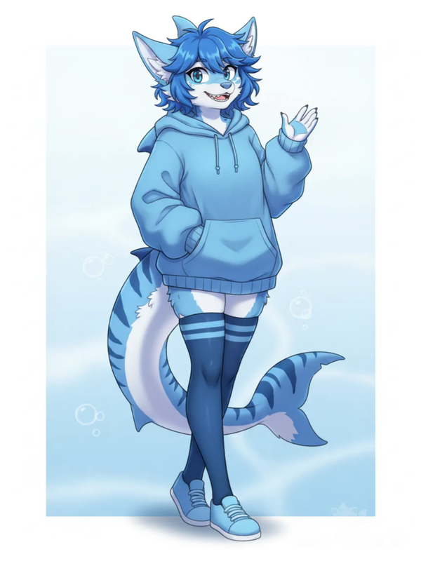 live2d, furry femboy shark, humanoid shark(furry), antropomorphic shark femboy guy, hoodie, thigh highs, feminine boy, blue, flat chest, cute, shark tail, femboy shark