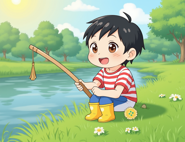 Character 0 is Budi, description: A cheerful 8-year-old Indonesian boy with short black hair, round face, and bright brown eyes. He wears a red and white striped t-shirt, blue shorts, and yellow rubber boots..
Budi sitting on a grassy riverbank with a simple wooden fishing rod in his hands. The sun is shining, and the river is flowing gently. Trees and bushes line the opposite bank. Budi has an excited expression on his face, anime style with soft pastel color and soft lighting