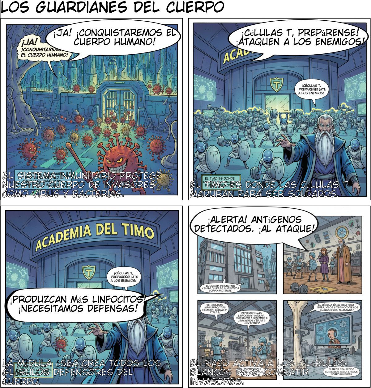 realiza un comic con las siguientes viñetas: Historieta: “Los Guardianes del Cuerpo”
🟩 Viñeta 1: La invasión comienza

Escena: Vista interna del cuerpo humano como una ciudad futurista. Pequeños virus y bacterias (con caras traviesas) intentan entrar.
Narrador:
“El sistema inmunitario es un poderoso ejército que protege nuestro cuerpo de los invasores llamados agentes patógenos, como virus y bacterias.”
Virus:
“¡Ja! ¡Entraremos y conquistaremos el cuerpo humano!”
Narrador:
“Pero los guardianes del cuerpo no lo permitirán…”

🟩 Viñeta 2: El Timo, la escuela de las células T

Escena: Un edificio con el cartel “Academia del Timo”. Dentro, linfocitos jóvenes entrenan con pesas y escudos.
Timo (como un maestro sabio):
“¡Células T, prepárense! Aquí aprenderán a reconocer y atacar a los enemigos.”
Narrador:
“El timo es donde las células T maduran durante la infancia para convertirse en soldados defensores.”

🟩 Viñeta 3: La Médula Ósea, la fábrica de defensas

Escena: Una gran fábrica dentro de un hueso. Máquinas producen células con cascos.
Médula Ósea (voz firme):
“¡Produzcan más linfocitos! ¡Necesitamos células T y células B!”
Narrador:
“La médula ósea crea todos los glóbulos y linfocitos del cuerpo, las células encargadas de defendernos.”

🟩 Viñeta 4: El Bazo, el centro de vigilancia

Escena: Un centro de control con pantallas que muestran virus detectados en la sangre.
Bazo (con auriculares):
“¡Alerta! Antígenos detectados. ¡Glóbulos blancos, al ataque!”
Narrador:
“El bazo analiza la sangre y activa a los glóbulos blancos para combatir los invasores.”

🟩 Viñeta 5: Los Guardianes de la entrada

Escena: En la boca y la nariz, las amígdalas y adenoides vigilan con redes y cascos.
Amígdala:
“¡Atención! ¡Gérmenes entrando por la nariz!”
Adenoide:
“¡Los atrapo antes de que avancen!”
Narrador:
“Las amígdalas y adenoides son la primera línea de defensa: atrapan gérmenes que entran por la boca y la nariz.”

🟩 Viñeta 6: El Apéndice y la Placa de Peyer

Escena: En el intestino, el Apéndice vigila con una linterna y la Placa de Peyer analiza bacterias con microscopios.
Apéndice:
“¡Evitemos que las infecciones se propaguen!”
Placa de Peyer:
“Analizando bacterias… estas son amigas, no enemigos.”
Narrador:
“El apéndice y la placa de Peyer ayudan a mantener bacterias sanas y a detectar las peligrosas.”

🟩 Viñeta 7: Reconociendo al enemigo

Escena: Una célula T observa un virus con una lupa, viendo sus antígenos.
Célula T:
“¡Estos antígenos lo delatan! ¡Es un intruso!”
Narrador:
“El sistema inmunitario reconoce a los invasores por sus antígenos, que funcionan como una huella única.”

🟩 Viñeta 8: Los anticuerpos al rescate

Escena: Células B lanzan anticuerpos que se adhieren a los virus.
Célula B:
“¡Anticuerpos, en marcha! ¡Marquen al enemigo para su destrucción!”
Narrador:
“Los anticuerpos son proteínas que se pegan a los patógenos y avisan a las células inmunitarias para destruirlos.”

🟩 Viñeta 9: Dos tipos de defensa

Escena dividida en dos partes:
🔹 Lado izquierdo (innata): piel como muralla, lágrimas, moco y glóbulos atacando rápido.
🔹 Lado derecho (adaptativa): células B y T analizando y guardando información.
Narrador:
“El sistema inmunitario puede reaccionar de dos formas:
👉 Inmunidad innata: rápida y general, con barreras como la piel, el moco o el ácido del estómago.
👉 Inmunidad adaptativa: más lenta, pero específica. Aprende y recuerda al enemigo gracias a las células T y B.”

🟩 Viñeta 10: Memoria inmunológica

Escena: Un archivo digital donde las células T guardan registros de virus derrotados.
Célula T (tecleando):
“Datos guardados. Si este virus regresa, estaremos listos.”
Narrador:
“El cuerpo recuerda cada infección y puede responder más rápido la próxima vez.”

🟩 Viñeta 11: Victoria del sistema inmunitario

Escena: Los virus y bacterias huyen, y los glóbulos celebran la victoria.
Célula B:
“¡Misión cumplida!”
Narrador:
“El sistema inmunitario es un ejército silencioso, complejo y poderoso… ¡nuestro guardián de vida!”
