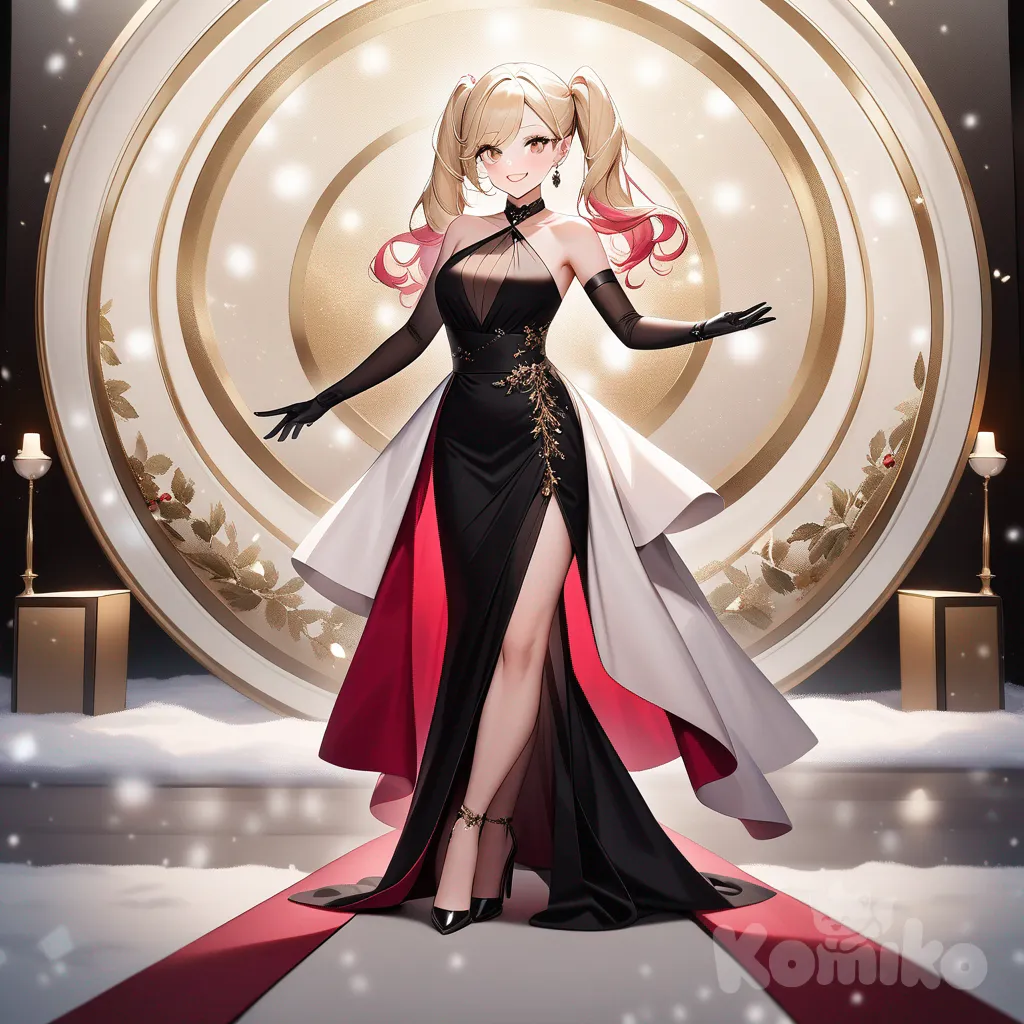 A photograph shows a full-length athletic young woman with long, vibrant blonde hair in pigtails. Her brown eyes radiate confidence with a radiant smile exuding elegance and style in an elegant ensemble. She wears a dazzling halterneck top in shades of cherry and pink, paired with a layered black miniskirt and black heels. The enchanting background features a festive snowy scene, adorned with twinkling lights and snow-covered trees, casting a warm, magical glow. Subtle musical notes and the name "Luis Arcy" are elegantly woven at the bottom, adding a touch of sophistication to this stunning winter wonderland portrait.
