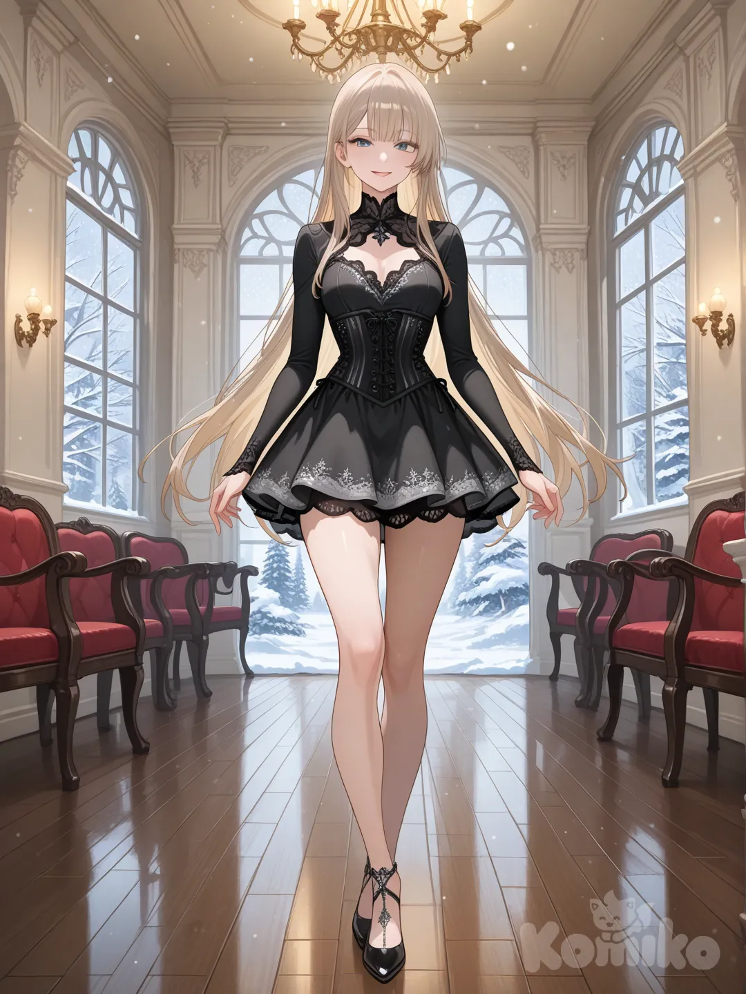 An ultra-photograph shows a full-length, athletic, beautiful, and slender 25-year-old woman with a realistic body. capturing a stunning woman stand with super-long, straight blonde hair Her brown eyes radiate confidence with a radiant smile stands in a luxurious and well-lit room. Surrounded by a magical winter wonderland with snowflakes gently falling around her, she is the epitome of grace. Her light brown hair frames her face, which features soft, symmetrical attributes and striking blue eyes. She wears a form-fitting, black and silver-colored mini dress with intricate lace details and a corset-style front. The warm wooden floor and chandelier contribute to the enchanting atmosphere as snow-covered trees and frosted bushes create a serene landscape. El fondo realza la silueta de la mujer. Su cabello luce liso y bien definido, con suaves notas mus