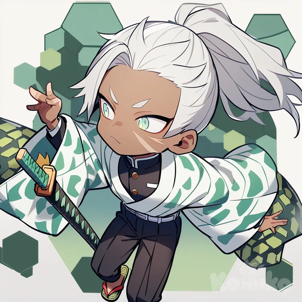 1boy, demon slayer style, teenager, tall, slim, athletic, muscular, cute face, tan skin, light blue eye, light green eye, scars on face, silver hair, high ponytail, spiky hair, long hair, demon slayer uniform, green hexagon print kimono, leg raps, Japanese flip flops, futuristic black and green katana, background bamboo forest, sunset, looking at viewer