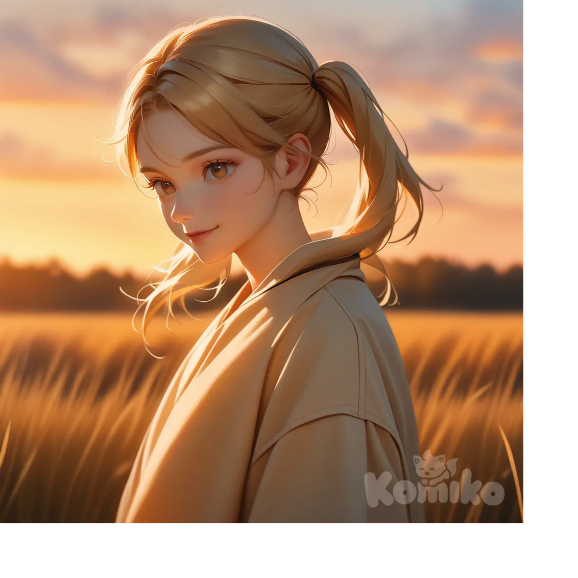A photograph in the style of Annie Leibovitz captures a full-length view of a young athletic woman with long, vibrant blonde hair styled in playful pigtails, her confident brown eyes sparkling with a radiant smile. She stands poised gracefully against a softly blurred background of golden foliage and a field of tall, amber grasses gently swaying under the warm sunset light, elegantly adorned in a form-fitting minidress of white, gold, and crimson. At her feet, a delicate arrangement of musical notes subtly intertwines with the text "Luis Arcy," adding a poetic flourish to the scene, bathed in an autumnal glow with long, soft shadows enhancing her timeless beauty. The warm golden lighting evokes a sense of subtle power and understated elegance, creating a captivating portrait.