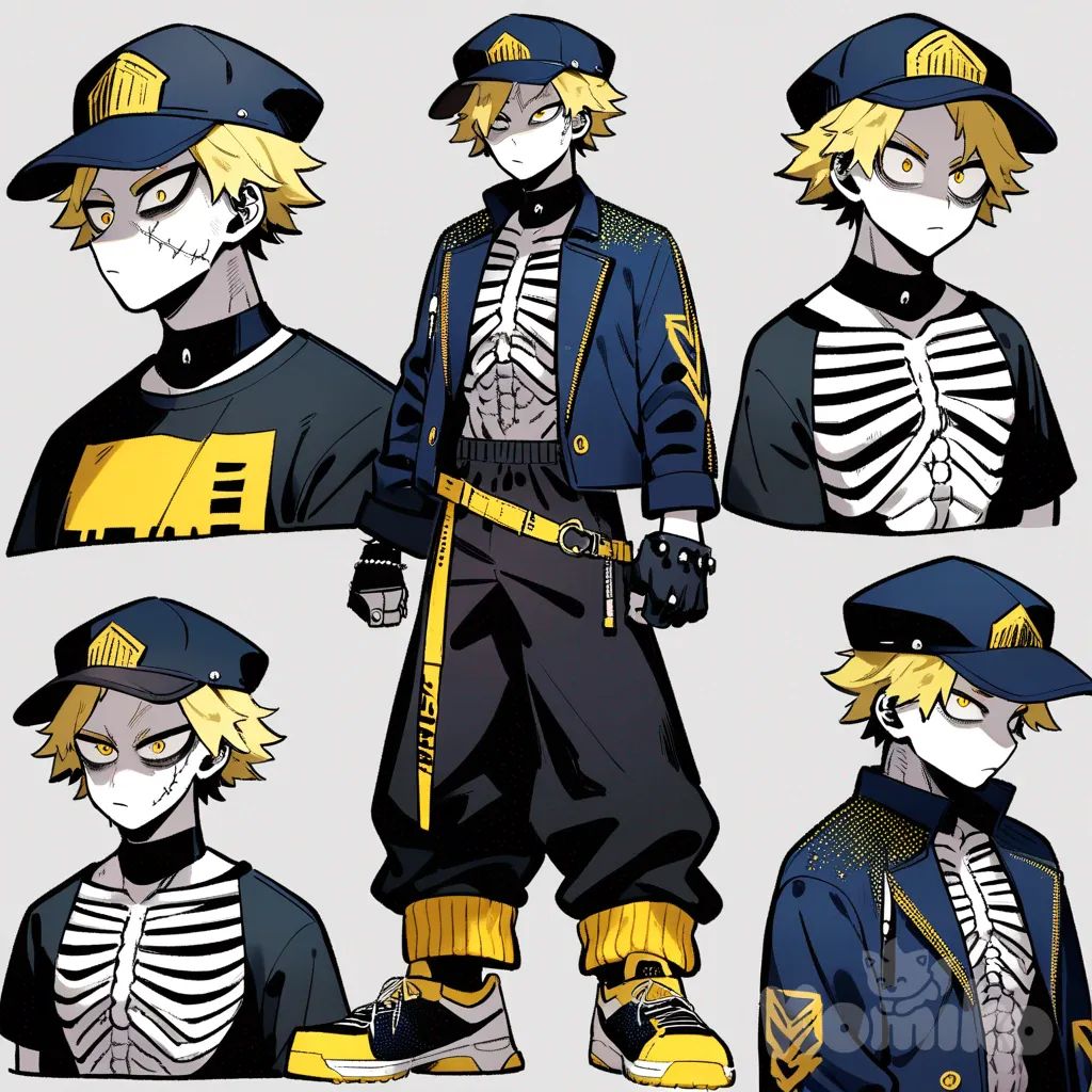 1male, my hero academia style, teenager, short, athletic, pale skin, scars, yellow eyes, slits eyes, short hair, pale yellow hair, wavy, dark blue newsboy cap, rib cage printed on t-shirt, dark blue punk coat with accessories, black knuckle gloves, hip chain, black ripped baggy pants with accessories, black and yellow sneakers, goat horns on head, necklace, bracelet, chain on ankle, background neon city, night