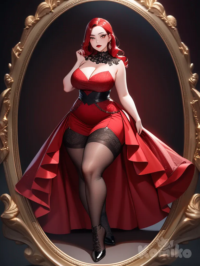 A photo of a voluptuous young woman with long vibrant red hair, brown eyes, and thick plump red lips. She is wearing an elegant red dress with a sweetheart neckline and a lace-up back. The dress has a high-low hemline with a red and black pattern. The woman is wearing stockings that cover her entire leg, made of transparent lace with delicate floral details. The background is soft and contrasting, highlighting her figure. The artist's signature, "Luis Arcy," is subtly placed on the right side of the composition.