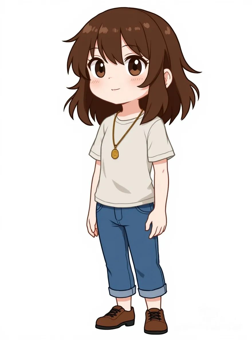 1girl, chibi, mature, petite, brown hair, brown eyes, dimple, jeans, studs, necklace, fair skin, slim, single character, full body, looking at viewer, anime style, simple background, white background