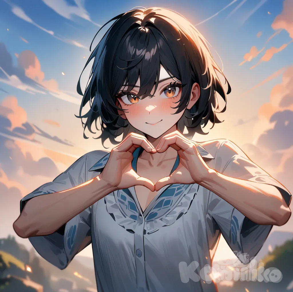 1boy, impasto style, heart hands, bohemian shirt, looking at viewer