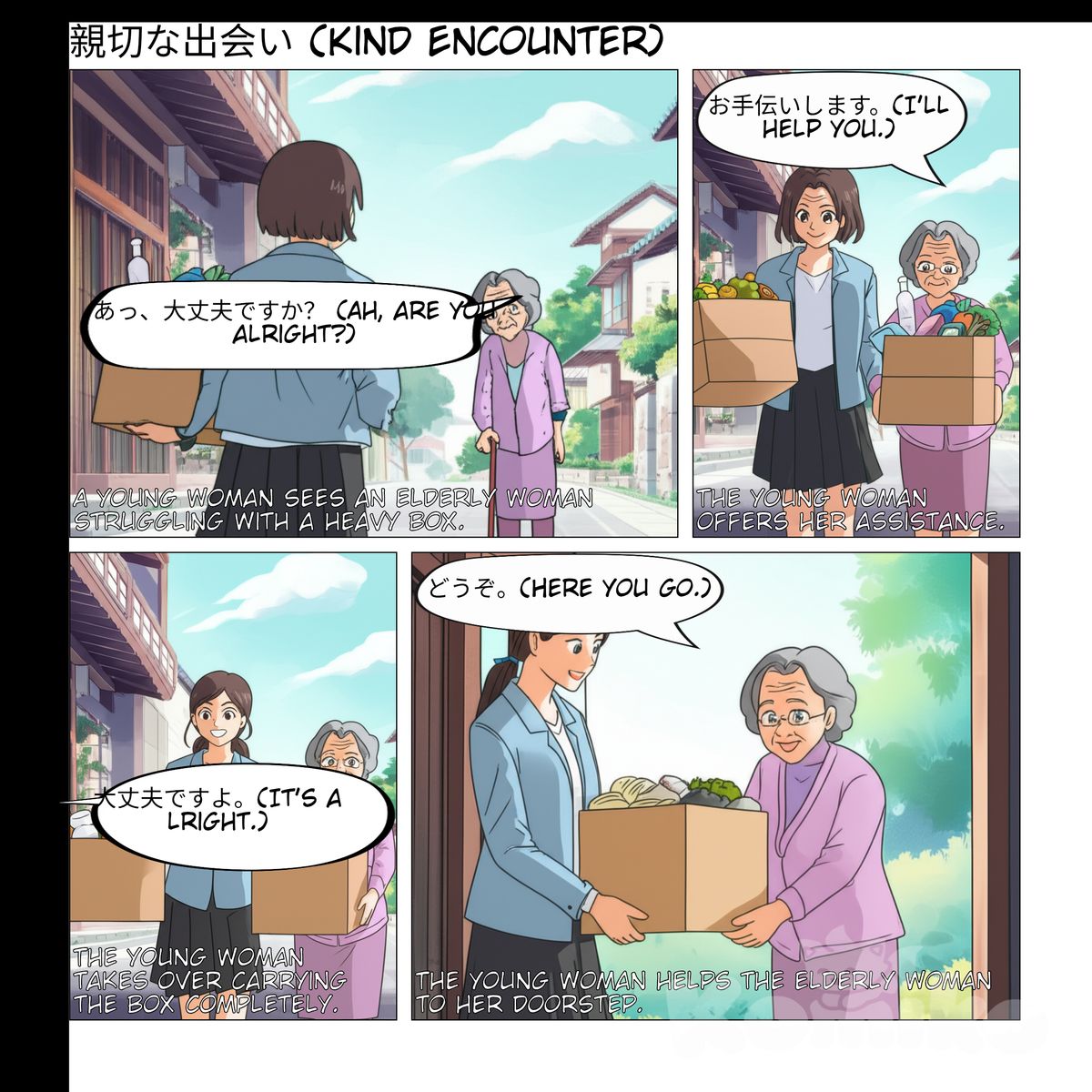 Seorang wanita muda menolong wanita lansia