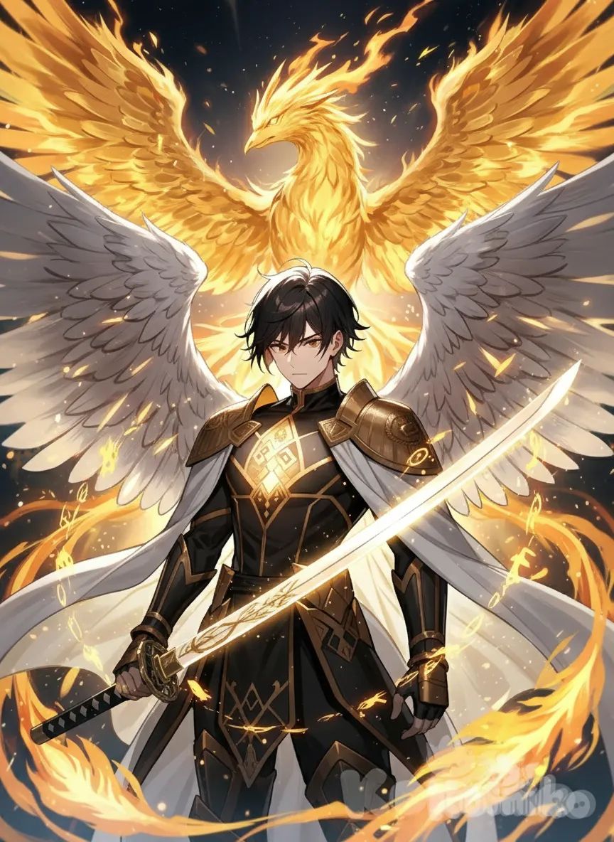 Epic anime-style illustration.
José, a majestic warrior with black hair, calm golden glowing eyes, and massive pearl-white wings, wearing elegant black and gold celestial armor with radiant details and glowing runes. His right hand holds the katana Solaris, a pearl-white blade with golden reflections and phoenix engravings glowing at the base. Behind him, a majestic golden phoenix of fire spreads its wings, illuminating the scene with divine light. His aura radiates with golden particles and floating cosmic symbols, combining serenity, nobility, and overwhelming power.

Keywords: anime style, cinematic, glowing runes, epic aura, pearl-white sword, phoenix fire, radiant wings, golden particles, divine warrior, cosmic light.