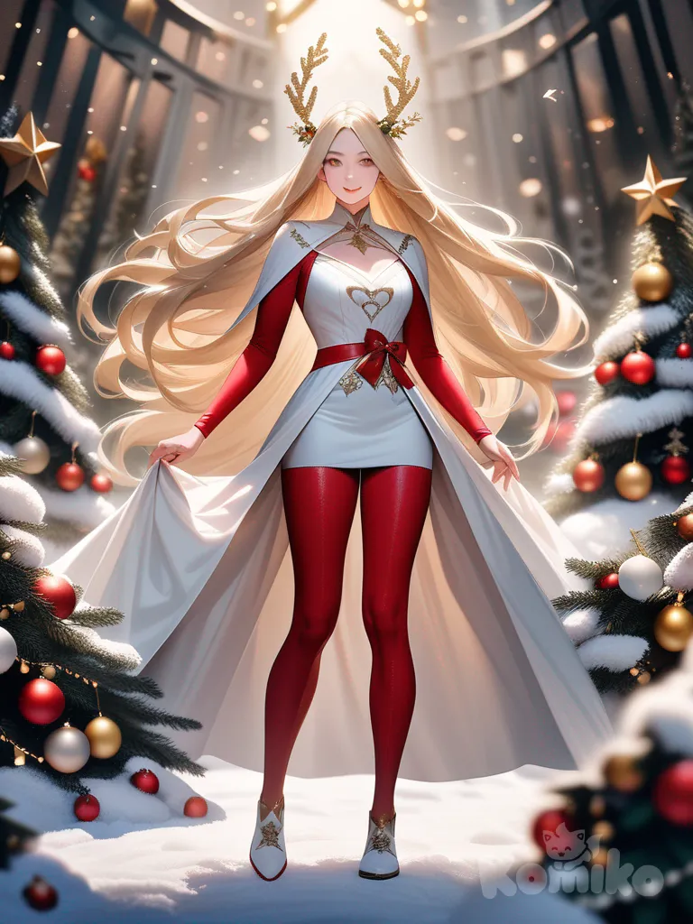 An ultra-photograph shows a full-length, athletic, beautiful, and slender 25-year-old woman with a realistic body. capturing a stunning woman stand with super-long, straight blonde hair Her brown eyes radiate confidence with a radiant smile dressed in a festive red and white ensemble whit miniskirt. She is standing amidst a magical Christmas Wonderland, surrounded by shimmering lights, intricate decorations, and snow-dusted trees. She is enveloped in a soft, gently falling snow, adding to the enchanting atmosphere. The warm glow of seasonal lights glimmers in her eyes as she beams a joyful smile, exuding an aura of wonder and delight. transforming it into a cherished Christmas memory or gift that will be treasured for years to come.Su cabello luce liso y bien definido, con s