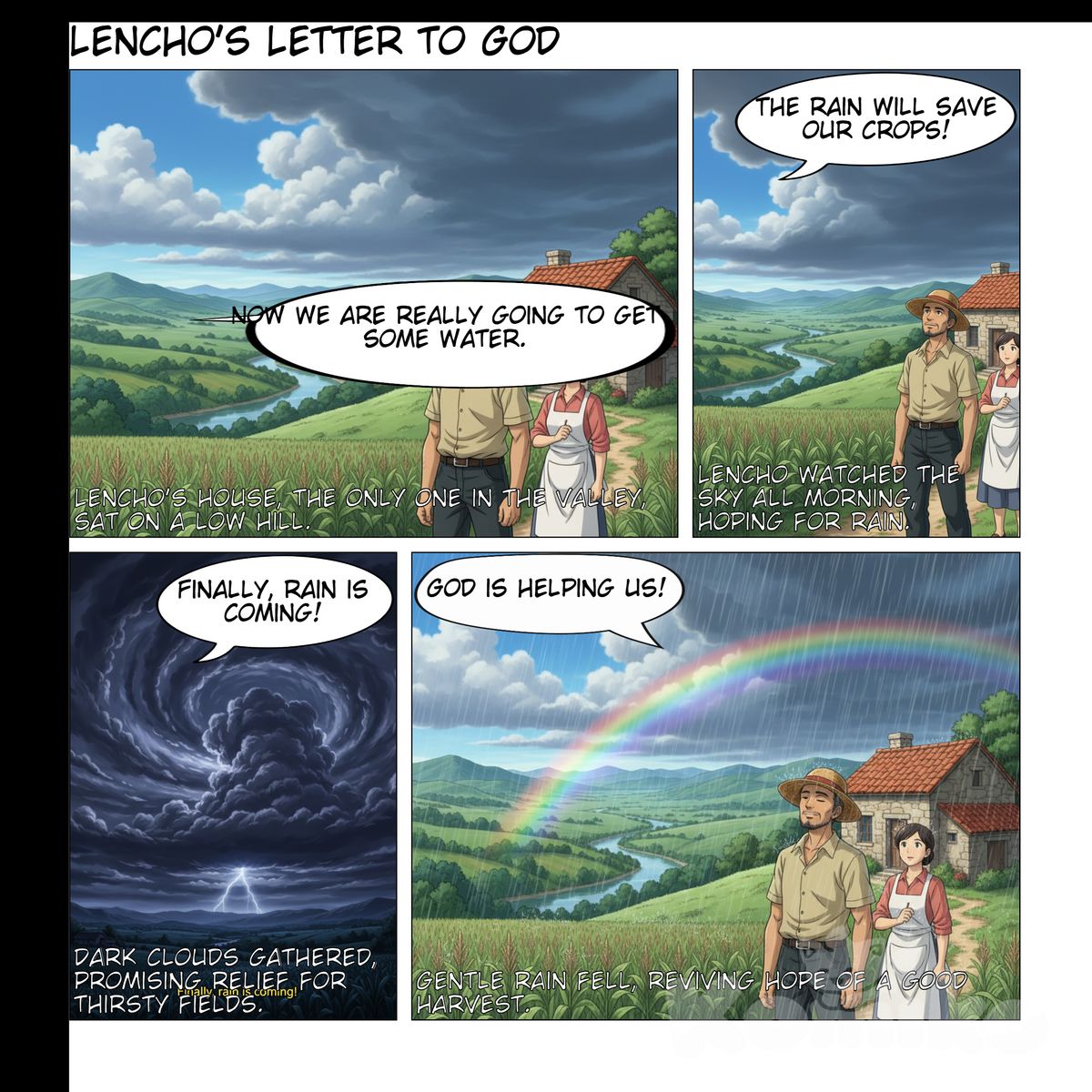 Panel 1

Background: Lencho’s house on the hill, valley and fields in view.
Narration: “Lencho’s house, the only one in the valley, sat on a low hill, overlooking the river and cornfields.”
Dialogue (Lencho): “Now we are really going to get some water.”

Panel 2

Background: Lencho looking at the sky, wife nearby.
Narration: “Lencho, a farmer who knew his crops well, watched the sky all morning, hoping for rain.”
Dialogue (Lencho to wife): “The rain will save our crops!”

Panel 3

Background: Clouds gathering in the sky.
Narration: “Dark clouds began to gather, promising relief for the thirsty fields.”
Dialogue (Lencho, excited): “Finally, rain is coming!”

Panel 4

Background: Gentle rain falling over fields.
Narration: “At first, the rain was gentle, reviving the hope of a good harvest.”
Dialogue (Lencho, joyfully): “God is helping us!”

Panel 5

Background: Hailstorm destroying crops and trees.
Narration: “But soon, the rain turned into a hailstorm, destroying everything in its path.”
Dialogue (Lencho, shocked): “No! Everything is ruined!”

Panel 6

Background: Lencho’s family looking sad in the ruined field.
Narration: “The entire valley was devastated, and not a single leaf remained on the trees.”
Dialogue (Lencho, determined): “God is our only hope now.”

Panel 7

Background: Lencho at a table, writing a letter.
Narration: “That night, Lencho sat down to write a letter, asking for help from God.”
Dialogue (Lencho, writing): “God, if you don’t help me, my family and I will go hungry this year.”

Panel 8

Background: Close-up of letter being written.
Narration: “He requested a hundred pesos to sow his fields again and survive until the next crop.”
Dialogue (Lencho, continuing): “I need a hundred pesos to sow my fields again and live until the next crop.”

Panel 9

Background: Postman finding the letter at the post office.
Narration: “A postman found the letter addressed simply to God and showed it to his boss.”
Dialogue (Postman, laughing): “Look! Someone wrote a letter to God!”

Panel 10

Background: Postmaster reading the letter, moved.
Narration: “The postmaster, a kind man, was deeply moved by Lencho’s faith.”
Dialogue (Postmaster, quietly): “We must help him, but let him keep his faith in God.”

Panel 11

Background: Post office employees counting money.
Narration: “Together, the postmaster and his employees collected seventy pesos to help Lencho.”
Dialogue (Postmaster, smiling): “We’ll send it as if it’s from God.”

Panel 12

Background: Envelope with money being mailed.
Narration: “The money was placed in an envelope and signed ‘God’ before sending it to Lencho.”
Dialogue (Post Officer, whispering): “He’ll never know it’s from us.”

Panel 13

Background: Lencho receiving the envelope at his house.
Narration: “The following Sunday, Lencho received the envelope from the post office.”
Dialogue (Lencho, opening it): “God has answered my prayers!”

Panel 14

Background: Lencho counting the money, thoughtful.
Narration: “He counted the money, but noticed it was less than he had asked for.”
Dialogue (Lencho, suspiciously): “God could not have made a mistake!”

Panel 15

Background: Lencho writing another letter.
Narration: “Angry but still faithful, Lencho wrote another letter to God.”
Dialogue (Lencho, writing): “Of the money I asked for, only seventy pesos reached me. Send me the rest, but not through the post office; the employees are crooks.”

Panel 16

Background: Wide shot of Lencho’s house, family together.
Narration: “Despite everything, Lencho’s faith in God remained unshaken, believing in divine help.”
Dialogue (Lencho, to family): “Next year, God will bless us again.”
