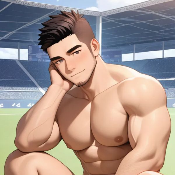 Bara, Naked, full body, male, Muscular man, Front view, muscular male, black socks, Long soccer socks, Soccer field
