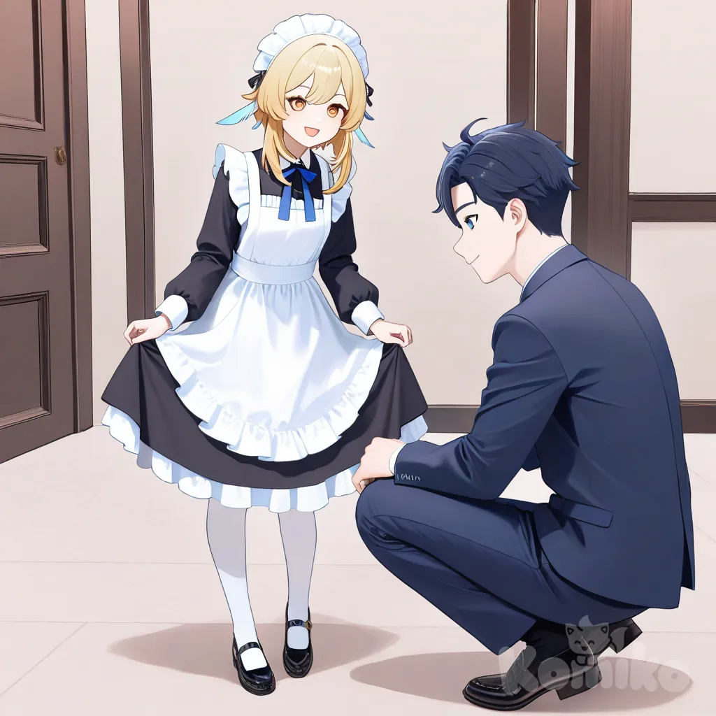Lumine (Genshin Impact)stand wearing a maid uniform