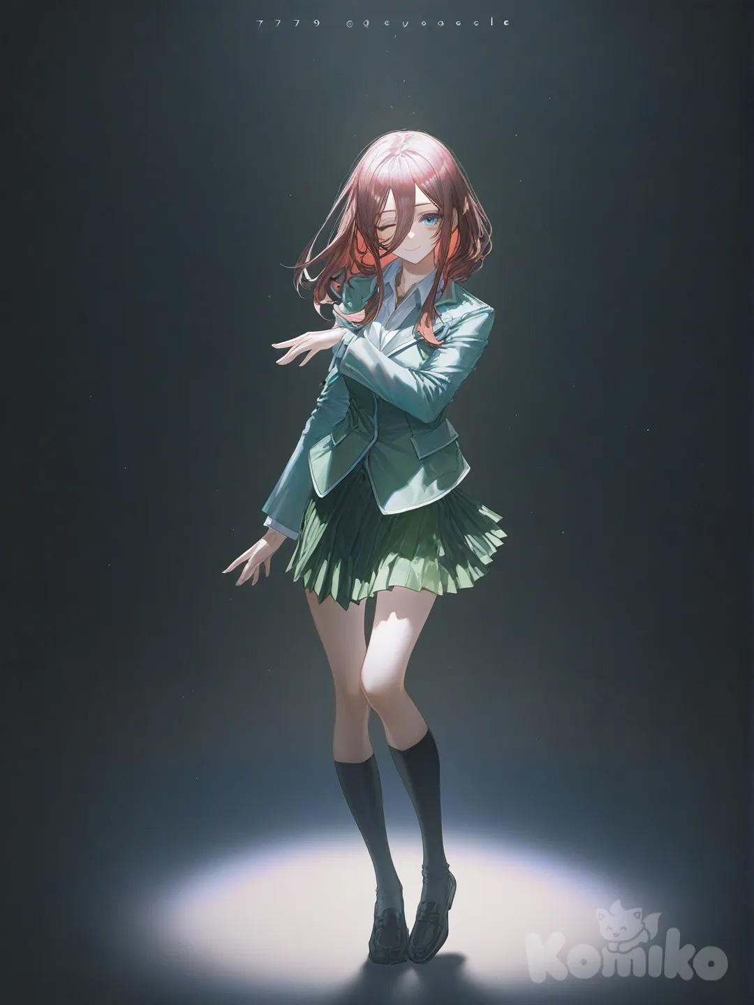 1girl, Miku nakano, sexy, [soft-light-illustration-style], dancing, smile, one eye closed, blush, school uniform, full body, ambient light, garden