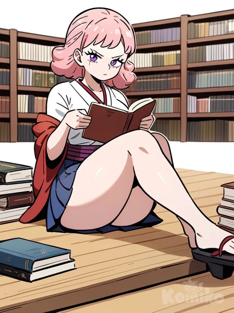 1girl, One Piece style, original character, teenager, stocky, curvy, slim, short pink hair, purple eyes, fair skin, skirt, scar, reading a book, Japanese uniform, library, large table, single character, full body, looking at viewer, anime style, simple background, white background