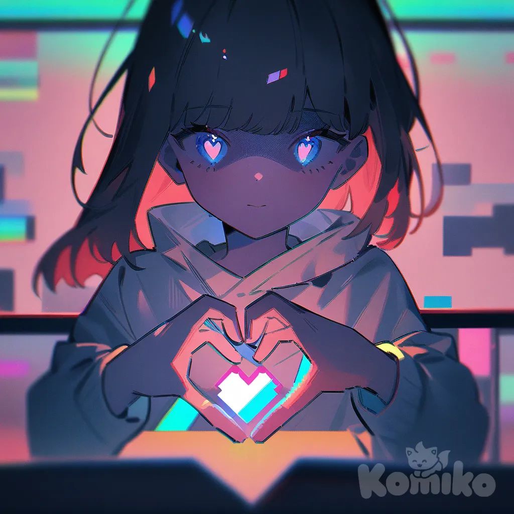 1girl, year 2025, cowboy shot, simple background, mosaic, dithering, window (computing),glitch, shaded face, diamond-shaped pupils, heart hands, paper texture, chromatic aberration, no text
