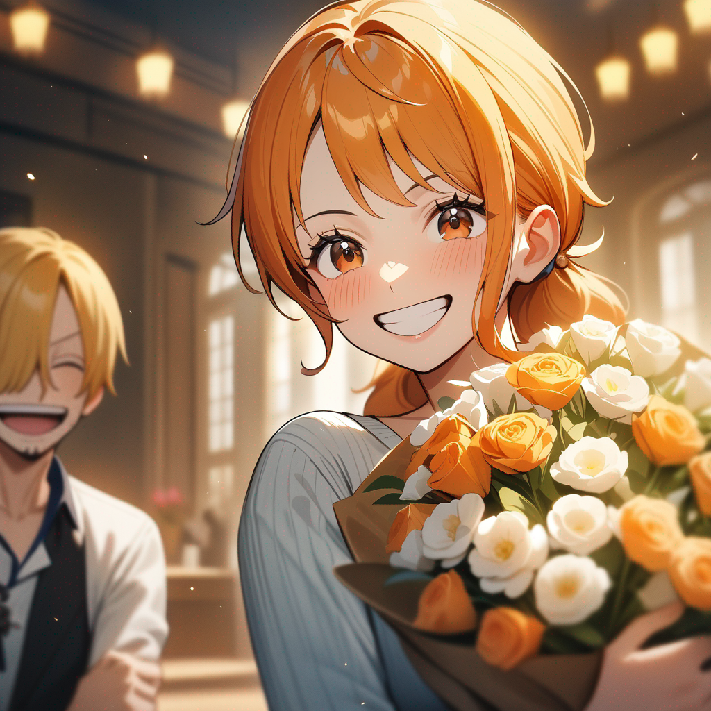 handing a bouquet of flowers out to nami, smiling 1boy, yellow hair, sanji (one piece) smiling, 1girl, orange hair, nami (one piece), blushing