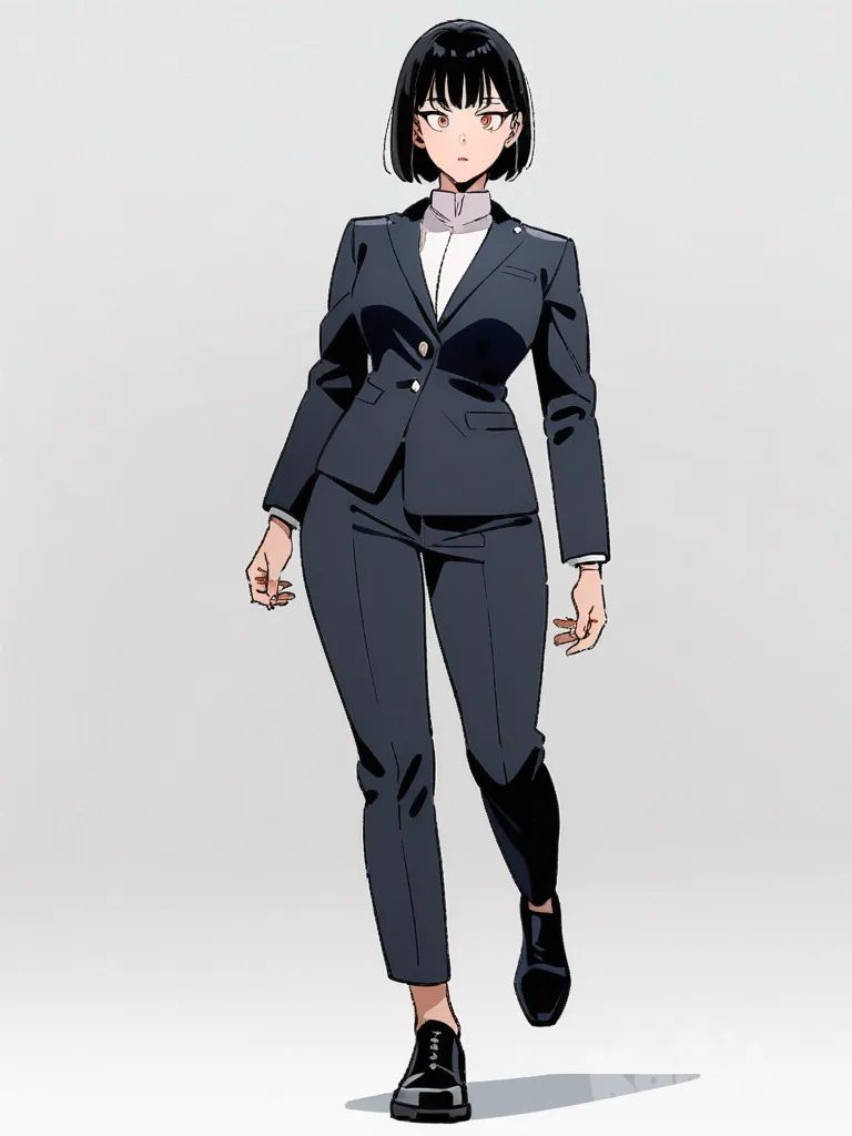 1girl, 32 años, pelo negro bob liso a la altura de los hombros, ojos agudos e inteligentes, viste traje de pantalón moderno, expresión autoritaria y profesional con destellos de empatía oculta, Jujutsu Kaisen style, single character, full body, looking at viewer, anime style, simple background, white background