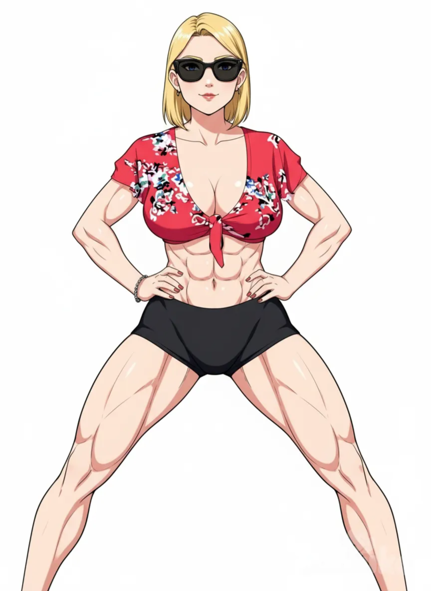 <gillian-2QSD> leaner, muscular female, bowlegged pose, skindentation, full body