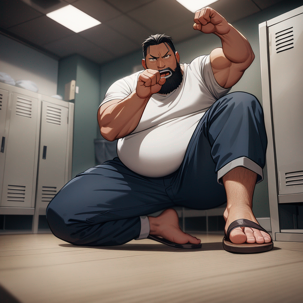 fullmetal alchemist, Sig Curtis, chubby, black bearded, wearing his Gray shirt, Navy-blue pants, wearing his Tan sandals, standing in the locker room, view from the bottom, looking at viewer, doing a stomping pose for fun, showing his feet