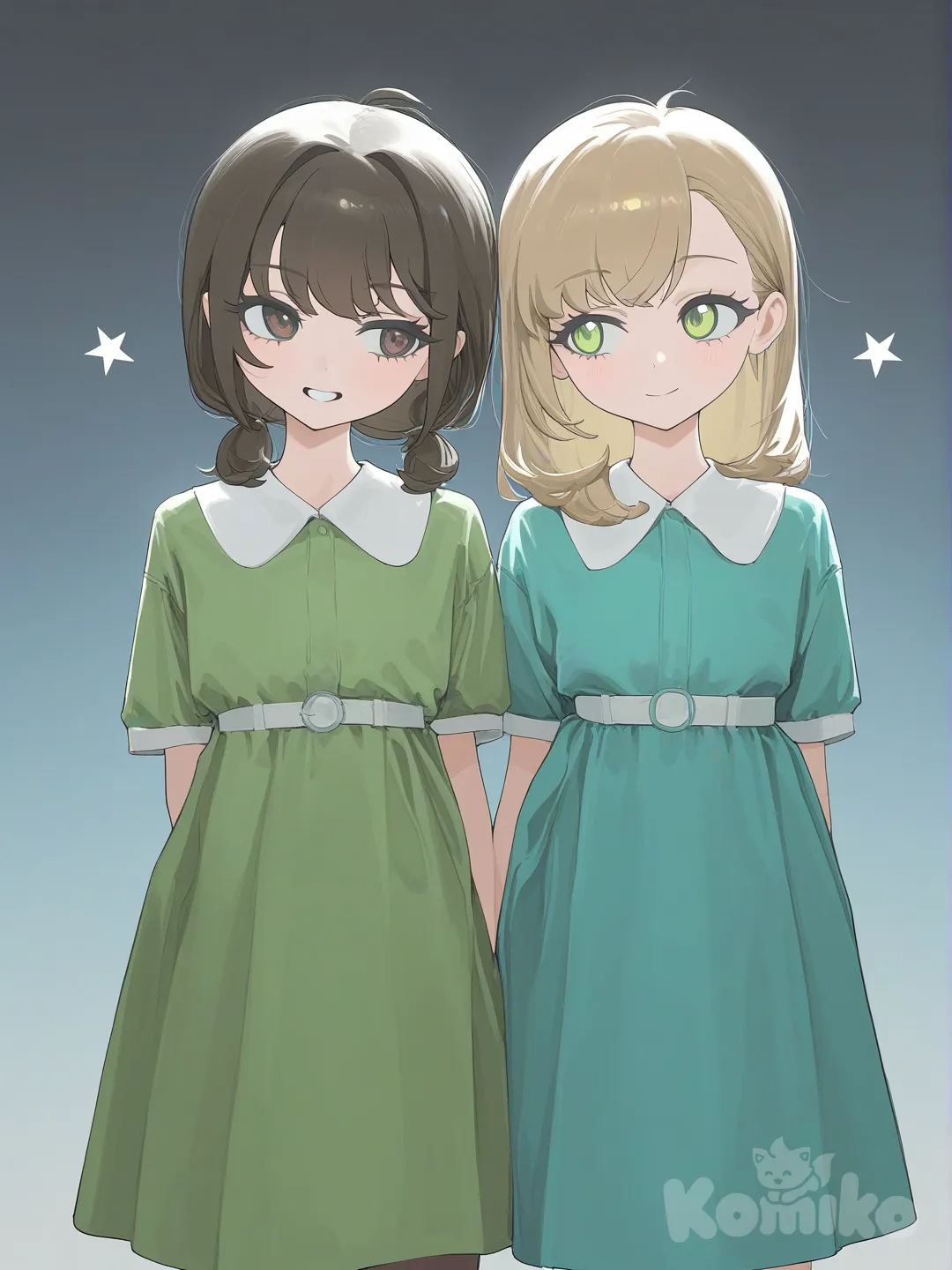 2girls,dark short brown hair, teal dress, lime green eyes, smiling, 2nd short light brown hair, lime green dress, brown eyes, smiling facing back to back , [vibrant-anime-style]