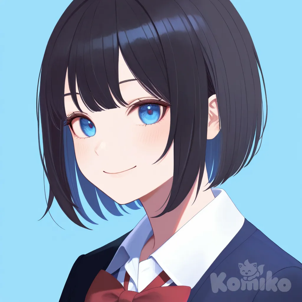 1girl, solo, portrait, smile, <character-id>, short_hair, blue_eyes, school_uniform, simple_background