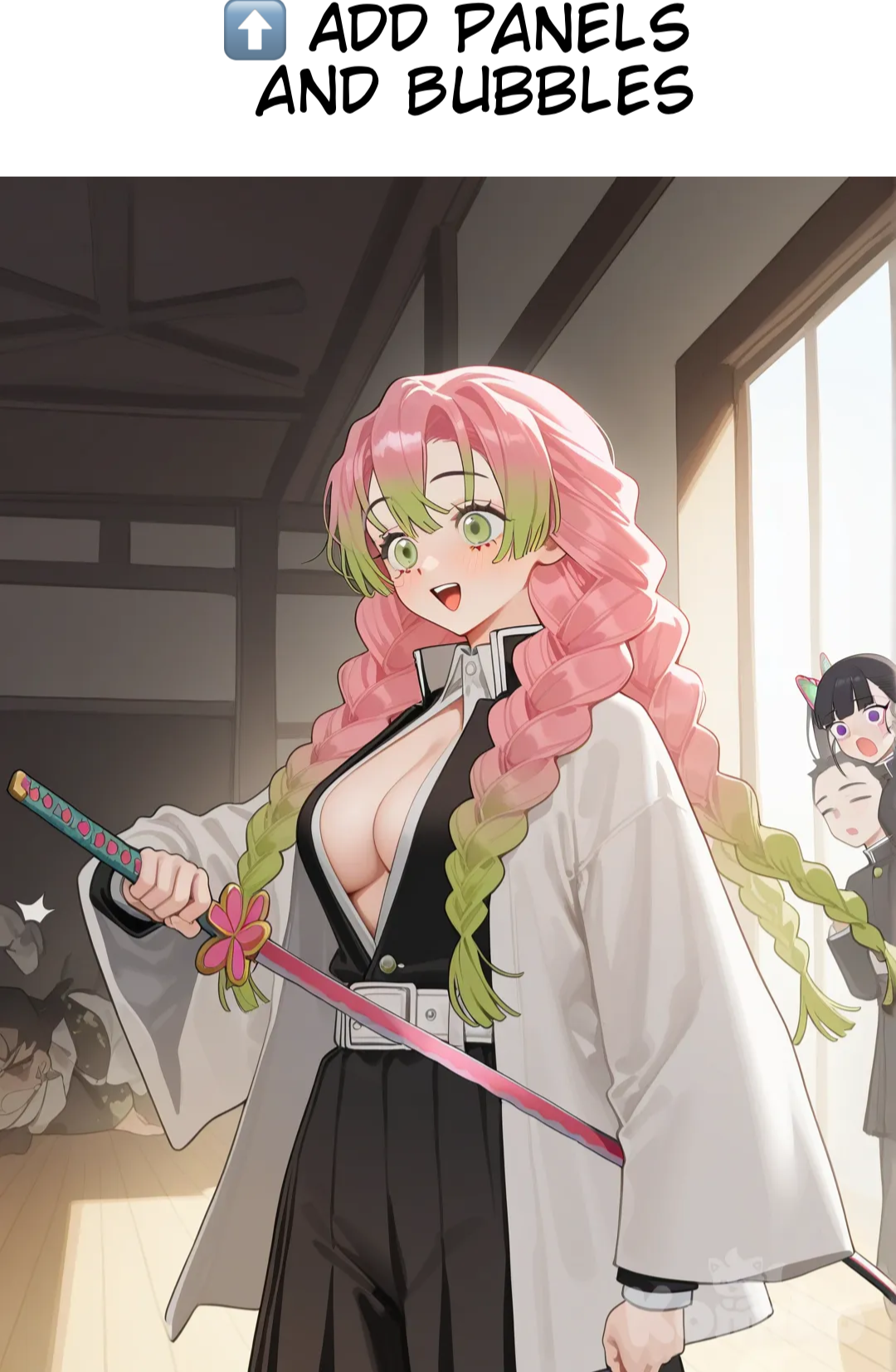 kanroji mitsuri, Tsuyuri Kanao, demon slayer uniform, anime screencap, dojo, practicing swordplay, holding sword, happy, surprised