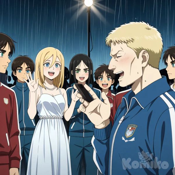 3people, Eren Yeager, Krista Lenz, Reiner Braun, anime coloring, anime screencap, waving, holding sword, holding gun, looking at phone, 2people, smile, laughing, blush, navy blue, rain, pearls, diamonds, neck, studs, evening dress, tracksuit, closeup, stage light, gradient background