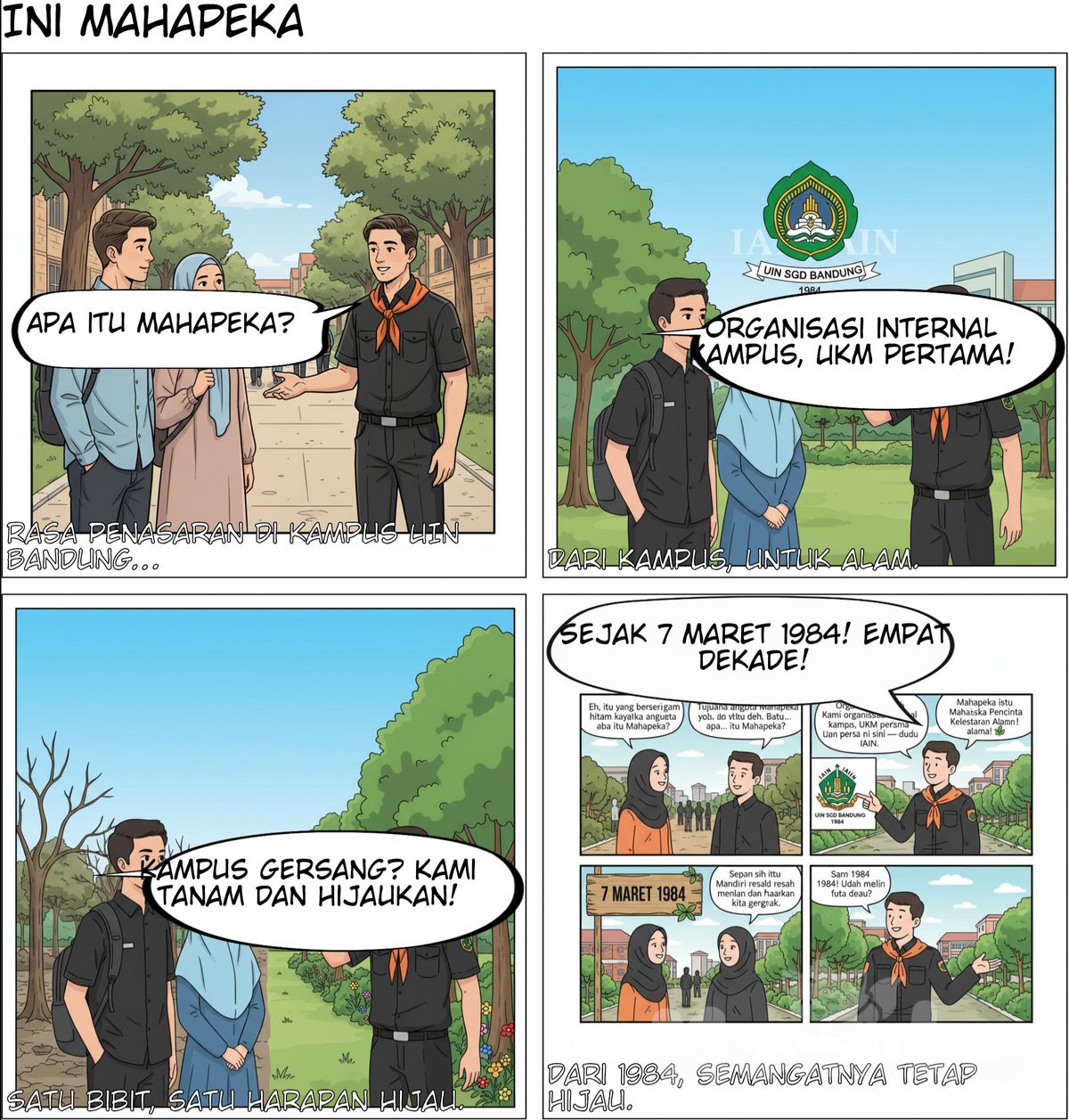 Buat 5 slide komik, This Is Mahapeka. Yang dimana ada 3 tokoh. Tokoh pertama pengurus mahapeka yang menggunakan atribut pdh hitam dan slayer oren yang mengikat di lehernya. Dan 2 orang lagi mahasiswa/i, mahasiswi nya berhijab. yang bertanya kepada pengurus terkait apa itu mahapeka. 

Dialog pertanyaannya
1. Apa itu mahapeka? 
2. Organisasi apa itu mahapeka
3. Tujuan mahapeka
4. Didirikannya mahapeka
5. Eksistensi mahapeka

Jawabannya
1. Mahasiswa pencinta kelestariaan alam
2. Organisasi internal kampus UIN SGD Bandung dibawah naungan kemahasiswaan, dan juga UKM (Unit Kegiatan Mahasiswa) pertama di UIN SGD Bandung dan kalau dulu namanya IAIN. 
3. Berangkat dari keresahan para dewan pendiri, yang melihat gersangnya lingkungan kampus dan juga minim ruang terbuka hijaunya. Nah dari situ didirikanlah mahapeka, lalu melakukan kegiatan penanaman. 
4. Didirikan 7 Maret 1984
5. Mahapeka eksis di konservasi lingkungan, penelitian, pengabdian, kebencanaan, outdoor activity. 

Buatkan gambar komiknya yang bagus ukuran 4:5


### 🟩 **Panel 1 — Apa itu Mahapeka**

**Layout:**

* **Bubble kiri atas:**
  “Eh, itu yang berseragam hitam siapa?”
* **Bubble kanan atas:**
  “Kayaknya anggota Mahapeka deh. Tapi… apa itu Mahapeka?”
* **Bubble tengah bawah (lebih besar):**
  “Mahapeka itu *Mahasiswa Pencinta Kelestarian Alam!* 🌿”
* **Narasi kecil pojok bawah kiri:**
  “Cerita ini dimulai dari rasa penasaran di kampus UIN Bandung…”

🧭 **Catatan desain:** Gunakan warna bubble putih dengan garis hitam tipis. Font rekomendasi: *CC Wild Words* atau *Comic Neue*.

---

### 🟩 **Panel 2 — Organisasi apa itu Mahapeka**

**Layout:**

* **Bubble kiri atas:**
  “Organisasi apa sih Mahapeka?”
* **Bubble kanan tengah:**
  “Kami organisasi internal kampus UIN SGD Bandung, UKM pertama di sini — dulu namanya IAIN.”
* **Narasi bawah kanan:**
  “Dari kampus, untuk alam 🌳”

🧭 **Catatan desain:** Gunakan background dengan nuansa hijau kampus, bubble condong ke arah karakter yang bicara.

---

### 🟩 **Panel 3 — Tujuan Mahapeka**

**Layout:**

* **Bubble kiri tengah:**
  “Tujuannya keren juga ya. Tapi awalnya dari mana?”
* **Bubble kanan bawah (besar, ekspresif):**
  “Dulu kampus gersang banget. Pendiri Mahapeka resah... akhirnya kami mulai menanam dan menghijaukan!” 🌱
* **Narasi kecil bawah tengah:**
  “Satu bibit, satu harapan hijau 🍃”

🧭 **Catatan desain:** Tambahkan efek split scene (kiri kering, kanan hijau). Gunakan warna bubble agak transparan agar lanskap tetap terlihat.

---

### 🟩 **Panel 4 — Didirikannya Mahapeka**

**Layout:**

* **Bubble kiri atas:**
  “Kapan sih Mahapeka berdiri?”
* **Bubble kanan bawah:**
  “Sejak 7 Maret 1984! Udah lebih dari empat dekade kita bergerak.”
* **Narasi kecil bawah kanan:**
  “Dari 1984 sampai sekarang — semangatnya tetap hijau 🌎”

🧭 **Catatan desain:** Tambahkan teks “7 MARET 1984” besar di papan/latar belakang (bukan bubble).

---

### 🟩 **Panel 5 — Eksistensi Mahapeka**

**Layout:**

* **Bubble kiri atas:**
  “Sekarang Mahapeka ngapain aja?”
* **Bubble kanan tengah:**
  “Kami aktif di konservasi, penelitian, pengabdian, kebencanaan, dan aktivitas outdoor!” 💪
* **Tulisan besar bawah tengah (tagline):**
  “Mahapeka — Cinta Alam, Lestari Bersama! 🌿”
* **Narasi pojok bawah kanan:**
  “Dari kampus, menebar cinta alam tanpa batas 🌾”

