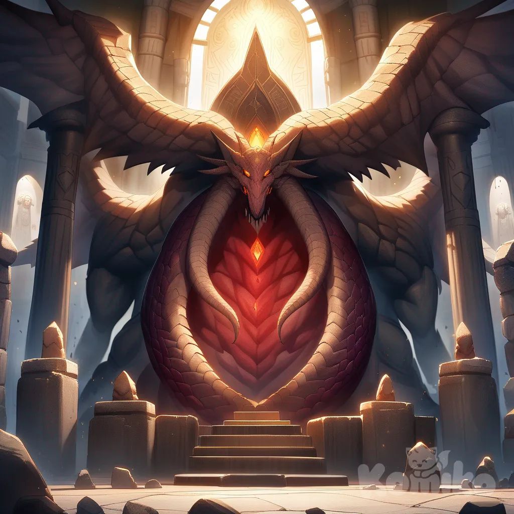 A mighty five-headed dragon rests inside an ancient temple, blending power and majesty. Its body glows with deep crimson scales, the central head matching in red. One head shines green, another golden yellow, one obsidian black, and the last a light sky-blue. Surrounded by worn stone pillars and mystical carvings, the creature appears both terrifying and serene, perfectly at home in its sacred domain. Designed in bold American anime style, this artwork combines epic fantasy with striking visual detail.