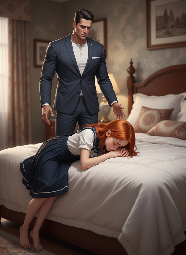 <avie-grace-CtbW>is laying over the end of the bed. She is crying. , stands behind her., <porter-8aSs> stands behind her.