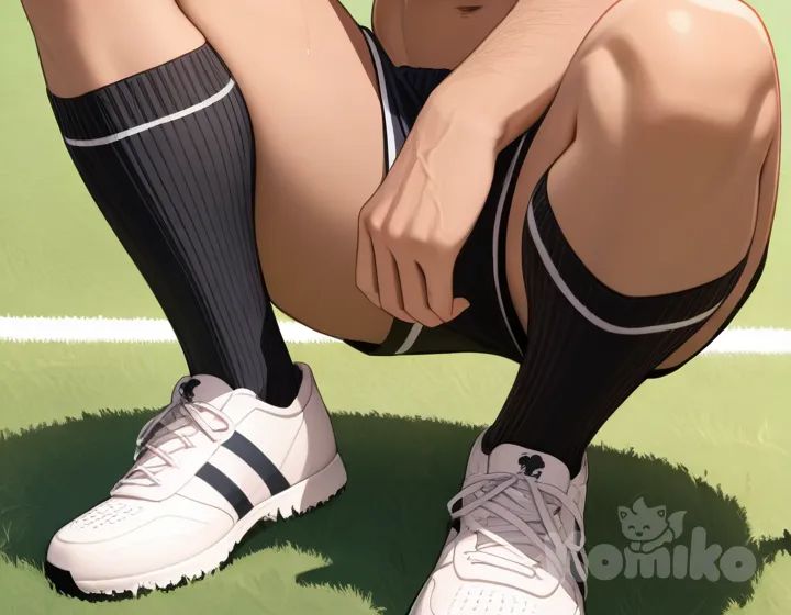 Bara, Naked, full body, male, Muscular man, Front view, muscular male, black socks, Long soccer socks, Soccer field