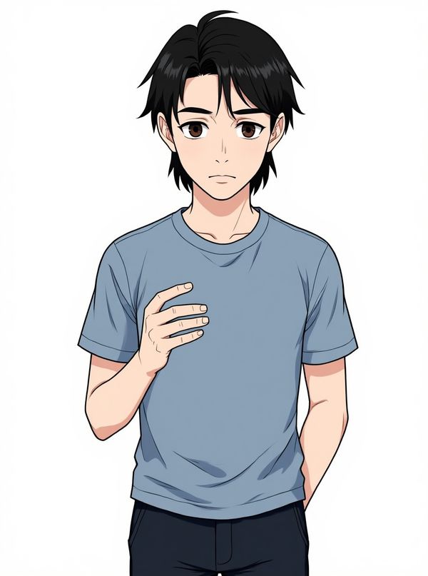 1boy, Manhwa art style, gwinchonri art style, simple, mature, slim, tall, black hair, mid-length hair, brown eyes, fair skin, t-shirt, suit pants, single character, full body, looking at viewer, anime style, simple background, white background