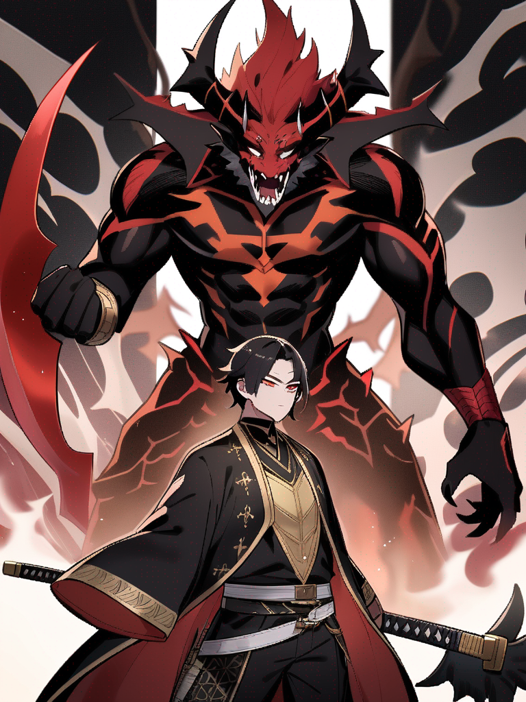 1boy, half demon, dragon hybrid, half human, red black and gold haori, custom multiversal breathing style, custom katana, custom scythe, strong/muscular, multiversal protector, reincarnation of Yoriichi Tsugikuni and Michikatsu Tsugikuni, strongest in the multiverse, 5.7 billion years old but looks like a 16-18 year old, dragon ears twitching, dragon tail wagging, arms covered in red-black scales, claws/nails are red, legs covered in red-black scales, toenails are red, red scales on dragon ears, red-black scales on dragon wings, white dragon teeth/fangs, black dragon horns with red tips, red-orange crimson dragon eyes, single character, upper body, looking at viewer, anime style, simple background, white background