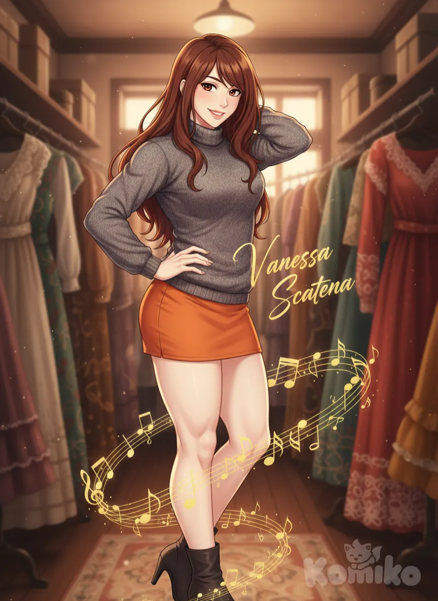 Use the submitted photograph to create a captivating vintage-style image featuring a full-figured, athletic young woman with long, vibrant brown hair flowing freely, confident brown eyes, and a radiant smile. She wears a cozy denim sweater and an orange miniskirt, and her long, curvy brown hair cascades over her shoulders, while her alabaster skin is bathed in a warm, soft light. Ethereal golden musical notes rise gracefully from her feet, subtly intertwining with the elegant script of the name "Vanessa Scatena," creating a dreamlike atmosphere in a softly lit antique clothing store filled with vintage dresses, ensuring a rich, textured backdrop. The composition is minimalist, focusing on the woman and the ascending notes against the warm background, resulting in a strikingly beautiful and memorable image.