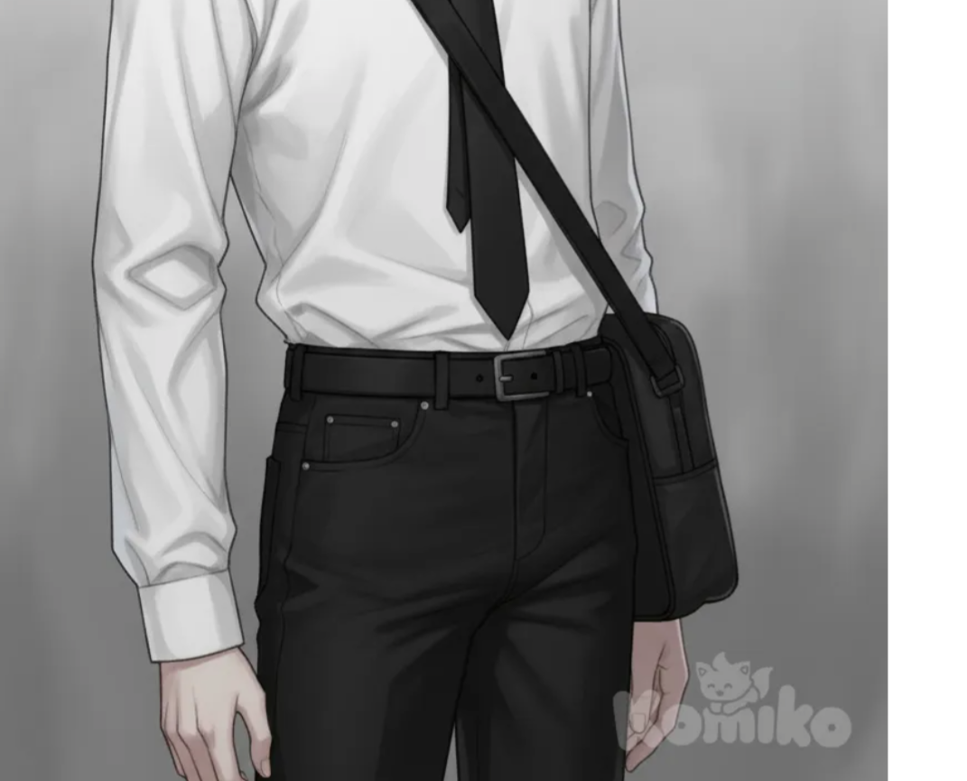 1man, solo, pale skin, sharp facial features, aristocratic jawline, straight nose, indifferent expression, focused eyes, gray-blue eyes, ice-colored eyes, short hair, parted_bangs, (white bangs), short black hair in the back, white formal shirt, black tie, black jeans, black cross-body bag, shirt tucked into trousers