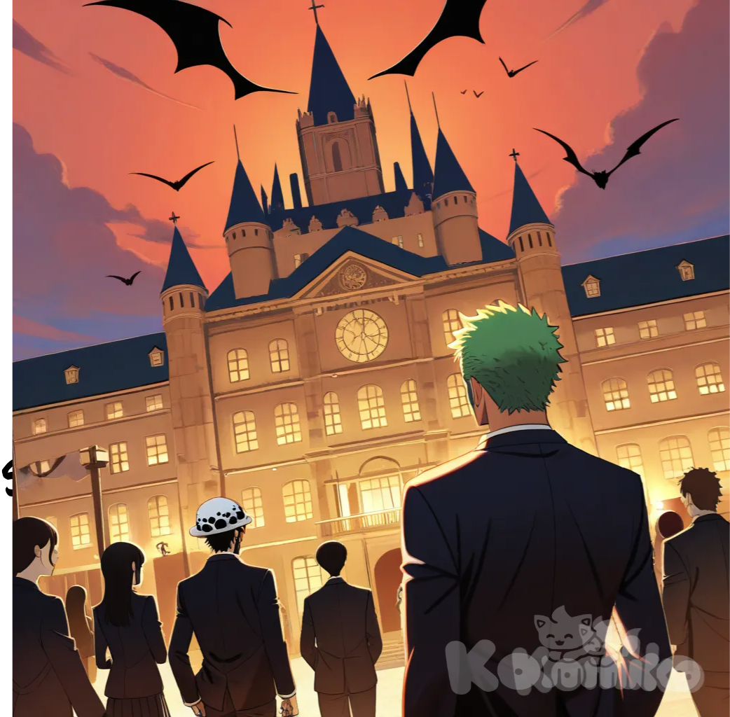 3people, Roronoa Zoro, Trafalgar Law, Sabo (One Piece), anime coloring, angry, evil smile, shocked, angle wings, diamonds, tuxedo, school uniform, castle, city lights, wide shot