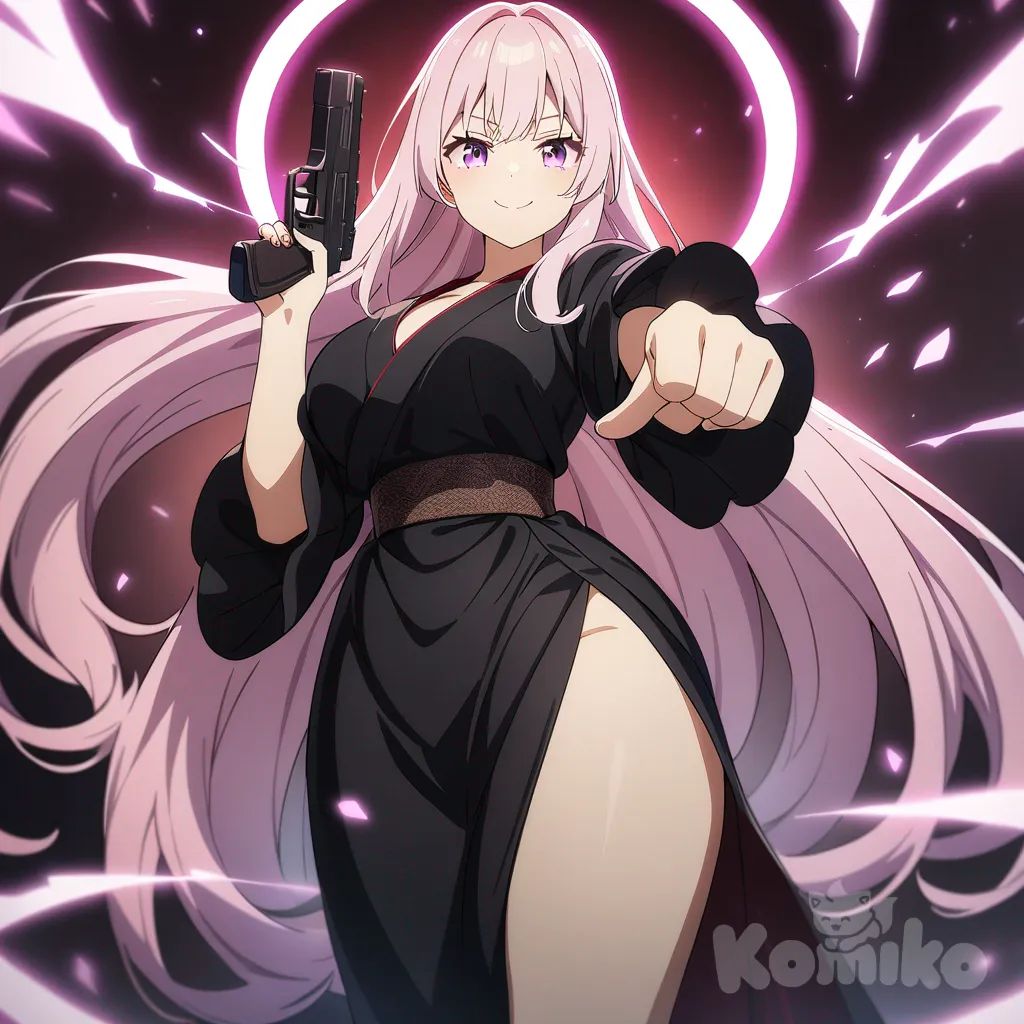 1girl, anime coloring, holding gun, pointing at viewer, very long hair pink, black kimono, electric,beautiful, curvy, smile